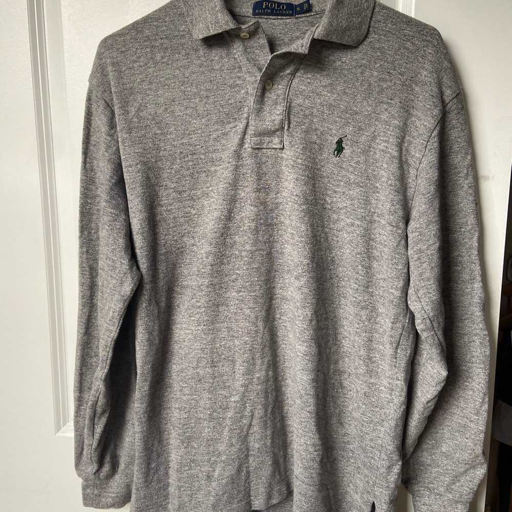 Light grey long sleeve cotton polo by Ralph Lauren